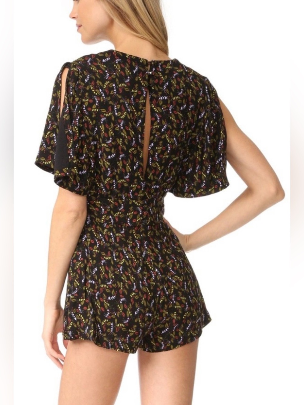 Free People Meet Virginia Floral Romper Black Boho Flutter Sleeve Size 4 NWOT